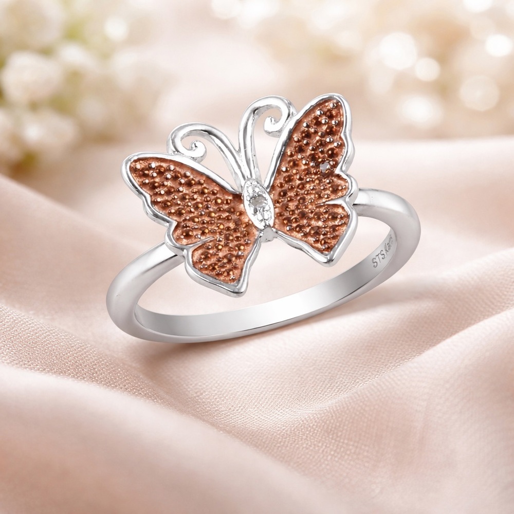 Natural Champagne Diamond Butterfly Ring in Rhodium and Platinum Bond